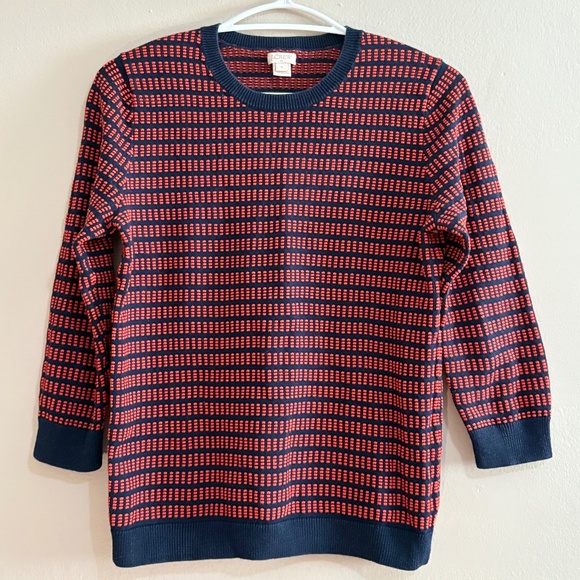 $19❄️ J. Crew Navy & Orange Light Weight Cotton 3/4 Sleeve Crewneck Sweater - Picture 2 of 15